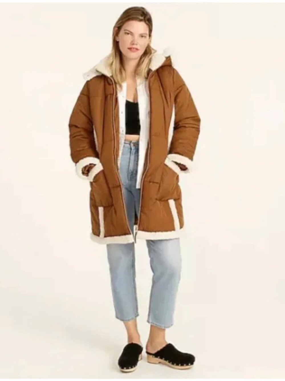 J. Crew Snowday Signature Puffer Glazed Pecan Brown Sherpa Primaloft